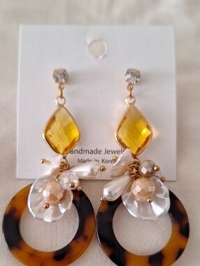 Handmade Gold-Citrine Crystal & Tortoiseshell Hoop Drop Earrings